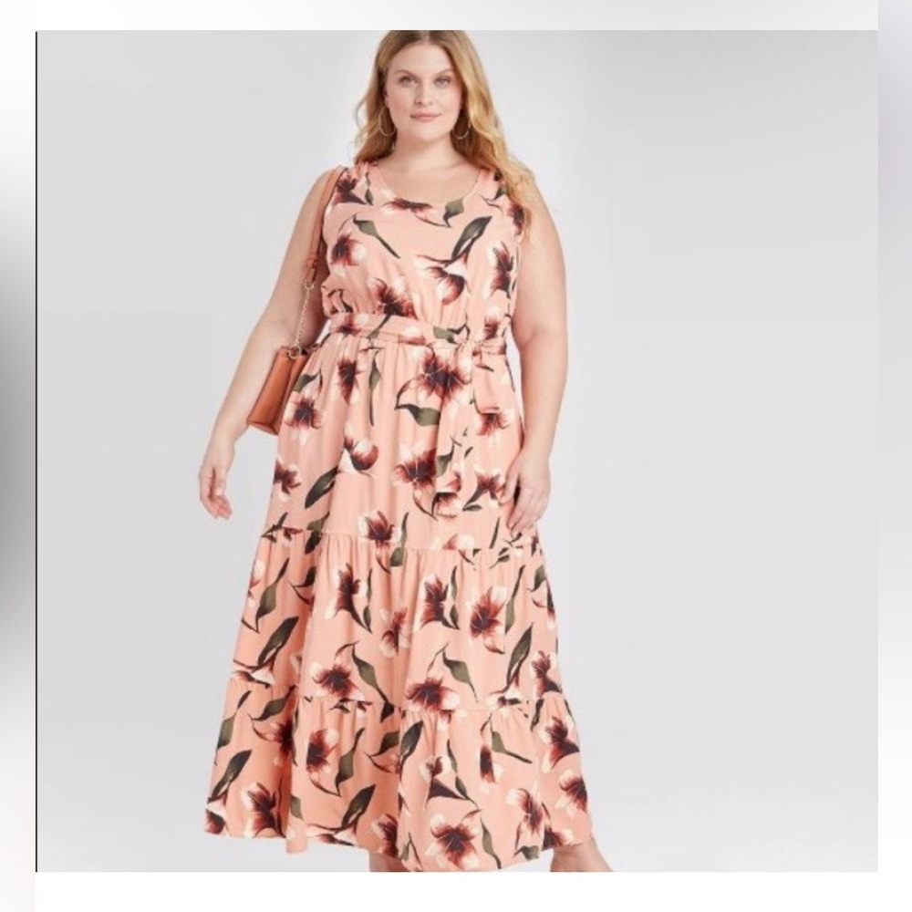 ✨ava & viv pink floral sleeveless tiered tie waist maxi dress✨